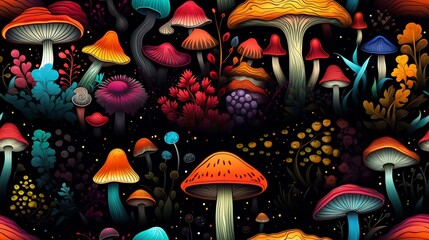 Generative AI : Different colored mushrooms on a black background