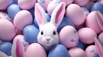 Top view close up Indigo easter eggs with pink bunnies 3D , clay, cartoon art white soft blue background, superrealism, ultra realistic, hyper realistic, ultra detailed rendering background