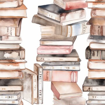  watercolor book stack cozy autumn neutral color seamless , generated by AI