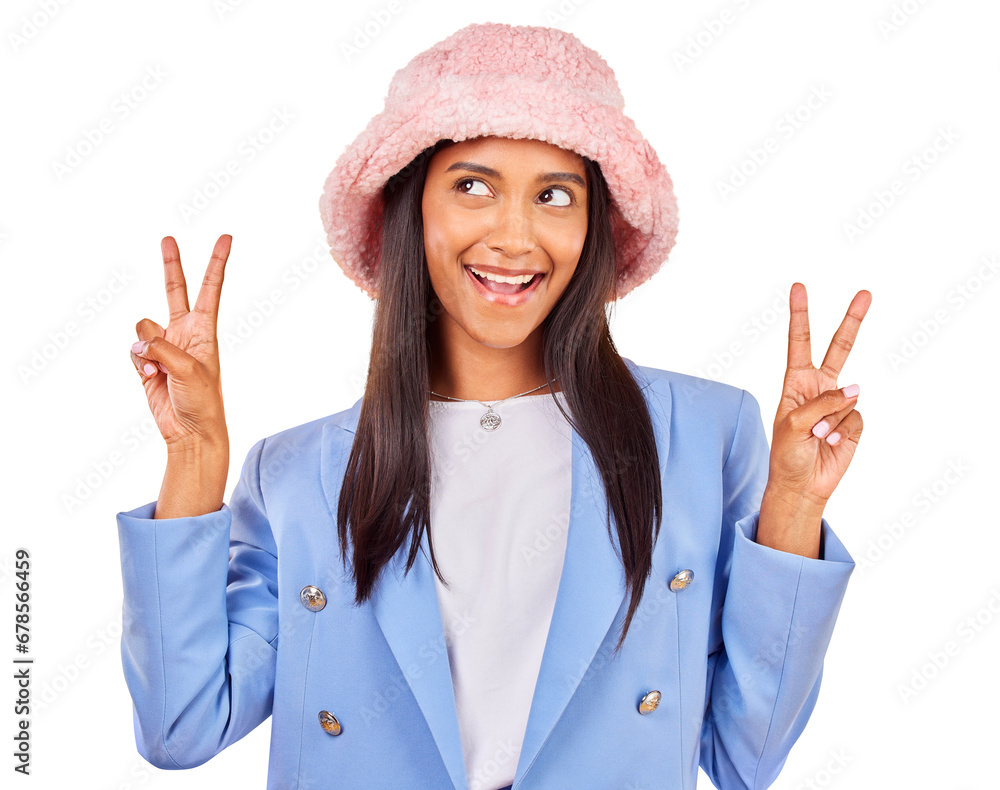 Poster fashion, peace sign and hat with a trendy indian woman isolated on a transparent background for styl