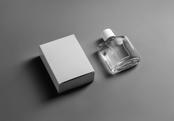 Mockup of a white box, transparent perfume bottle, isolated on background with shadows.