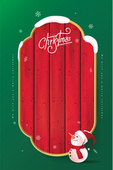 Merry Christmas sign banner red wood frame with empty space and snowman on green background