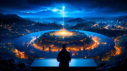 A man overlooking a futuristic city with glowing orange and blue lights, a central energy beam piercing the sky at dusk.Generative AI