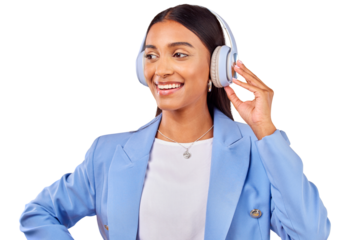 Headphones, smile and businesswoman streaming music or thinking of podcast isolated on png transparent background. Happy, relax and entrepreneur listen to radio or audio sound with playlist for break