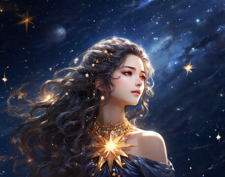 A woman who loves the universe, スターシード, 宇宙, a fictional person, illustration art, Generative AI