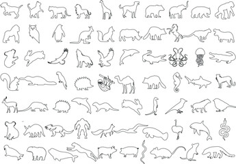 Animal line art vector illustration featuring diverse species. Ideal for coloring books, educational materials, and more. a comprehensive animal kingdom representation