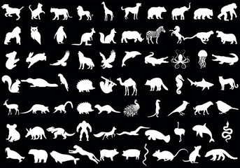 Animal Silhouette or Logo Collection isolated on dark background. Lion, Elephant, Tiger, Giraffe, Cheetah, Bear, Gorilla, Zebra, Kangaroo, Penguin, Wolf. Fully customizable vector illustrations