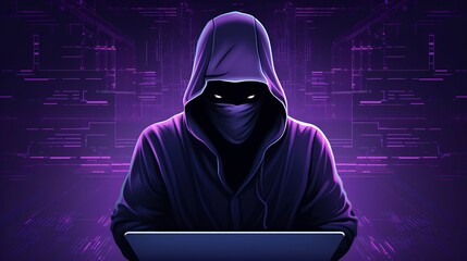 Mysterious anonymous hacker concealed by hood stands against backdrop of intricate chip patterns bathed in haunting purple glow, enigmatic person of anonymous cybercriminals