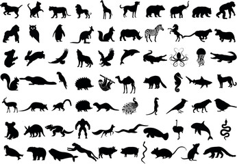 Animal silhouettes Vector illustration. Diverse species mammals, birds, reptiles, insects. cat, dog, elephant, lion, tiger, snake, bird, fish, cow, pig, deer,hedgehog, lizard, crocodile, giraffe, rat