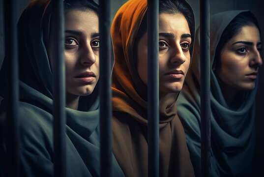 Brave Iranian Muslim women in jail. Trapped worried arrested women in religious headscarf. Generate ai