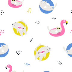 Fototapeta premium Seamless pattern with funny cats swimming in floating rings. pink flamingo