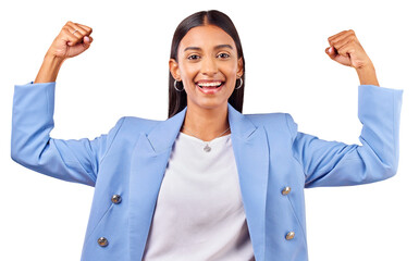 Isolated business woman, flex muscle and portrait with pride, goal or champion by transparent png background. Entrepreneur, power and emoji with celebration, strong and winner for success in career