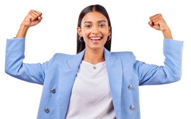 Isolated business woman, flex muscle and portrait with pride, goal or champion by transparent png background. Entrepreneur, power and emoji with celebration, strong and winner for success in career