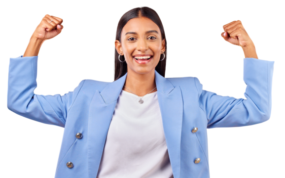 Isolated business woman, flex muscle and portrait with pride, goal or champion by transparent png background. Entrepreneur, power and emoji with celebration, strong and winner for success in career