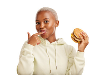 Portrait, taste and woman with happy for burger, fast food and excited with restaurant promotion. Black person, model and face with hamburger with cheese and isolated on transparent png background