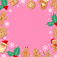 Pastel pink background with snowflakes, gingerbreads and  holly. Festive Xmas design.  Empty space for your text. Template for cards, banner, poster.