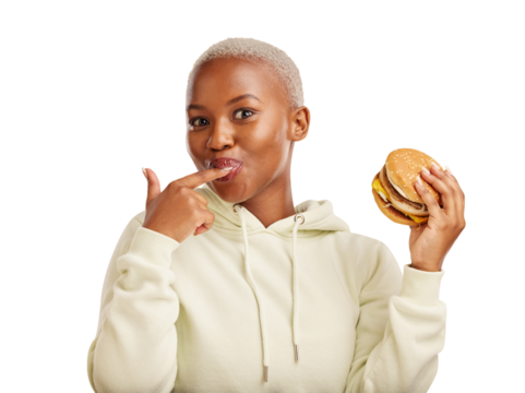 Portrait, taste and woman with happy for burger, fast food and excited with restaurant promotion. Black person, model and face with hamburger with cheese and isolated on transparent png background