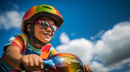 Junge mit bunter Kleidung auf einem Mini-Motorrad 