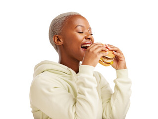 Happy, eating and black woman with hamburger on isolated, png and transparent background....