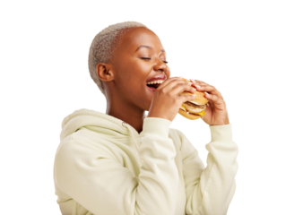 Happy, eating and black woman with hamburger on isolated, png and transparent background. Restaurant, hungry and person with fast food, burger and takeaway meal for promotion and deal for lunch
