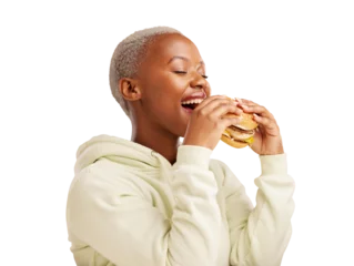 Fotobehang Happy, eating and black woman with hamburger on isolated, png and transparent background. Restaurant, hungry and person with fast food, burger and takeaway meal for promotion and deal for lunch © Harsh/peopleimages.com