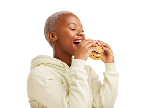 Happy, eating and black woman with hamburger on isolated, png and transparent background. Restaurant, hungry and person with fast food, burger and takeaway meal for promotion and deal for lunch