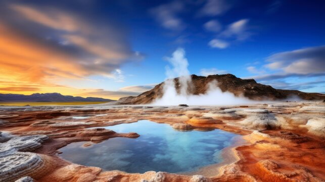 Dramatic view of the geothermal area, exotic world landmark. Generative AI
