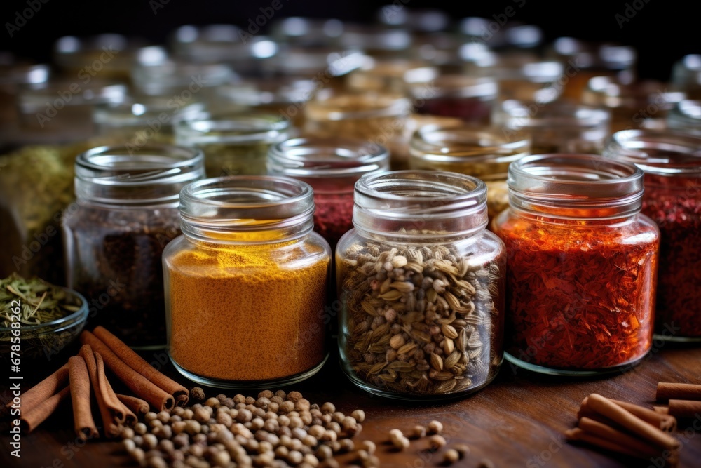 Poster a variety of spices in jars on a table. generative ai.