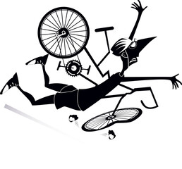 Cyclist falling down from the bicycle. 
Young man falling down from the bicycle. Black and white illustration
