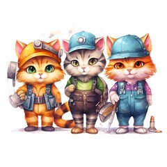 Fototapeta premium three cats dressed as a Auto mechanic, illustrator style 