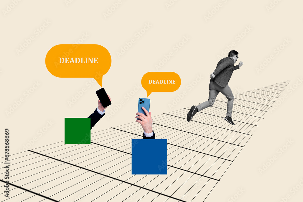 Poster collage picture image of funky man running hurrying work deadline schedule isolated on drawing backg
