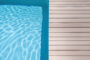 Inviting blue poolside retreat in summer. Sun kissed serenity. Relaxing pool deck amidst nature beauty. Lap of luxury. Wooden deck for ultimate leisure