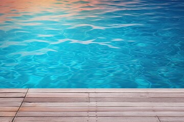 Obraz premium Inviting blue poolside retreat in summer. Sun kissed serenity. Relaxing pool deck amidst nature beauty. Lap of luxury. Wooden deck for ultimate leisure