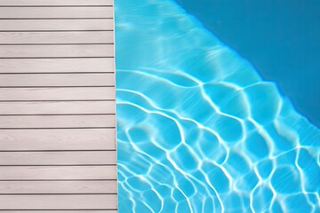 Obraz premium Inviting blue poolside retreat in summer. Sun kissed serenity. Relaxing pool deck amidst nature beauty. Lap of luxury. Wooden deck for ultimate leisure