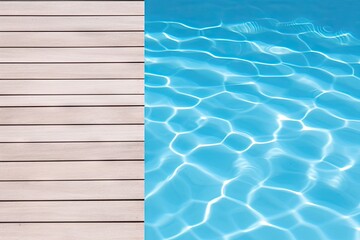 Inviting blue poolside retreat in summer. Sun kissed serenity. Relaxing pool deck amidst nature beauty. Lap of luxury. Wooden deck for ultimate leisure