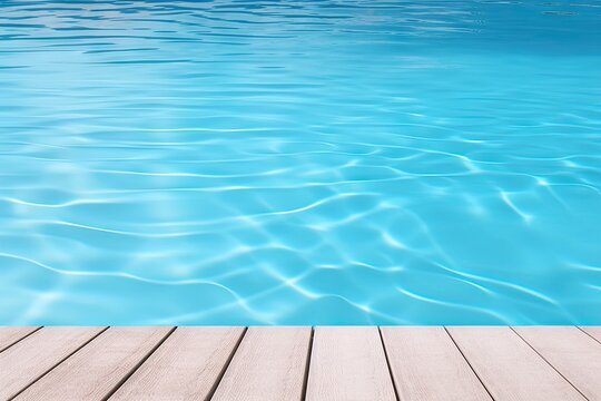 Inviting blue poolside retreat in summer. Sun kissed serenity. Relaxing pool deck amidst nature beauty. Lap of luxury. Wooden deck for ultimate leisure