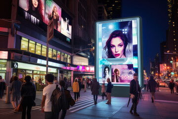 Billboards on a futuristic city scene. Concept art with a futuristic vision of advertising - obrazy, fototapety, plakaty