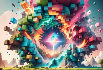 Exploding Minecraft colorful cubes paint and splashes. Minecraft colorful blocks. Mind-blowing Minecraft textures and cubes. Exploding cubes. Minecraft world. Generative AI 