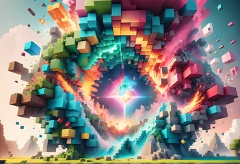 Gordijnen Exploding Minecraft colorful cubes paint and splashes. Minecraft colorful blocks. Mind-blowing Minecraft textures and cubes. Exploding cubes. Minecraft world. Generative AI  © Janis
