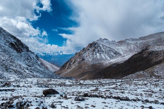 Ice lake in the side of the road before changla Pass in Ladakh, India.