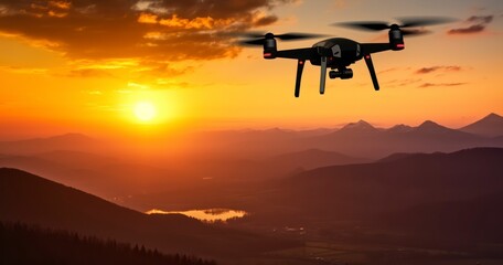 Capturing the Silhouette of a Drone Against the Sunset. Generative AI