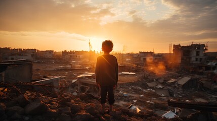 A young child stands in the foreground, gazing somberly at the ruins of a house demolished by a recent bombing in a wartorn city, reflecting the tragic impact of conflict on children. - obrazy, fototapety, plakaty