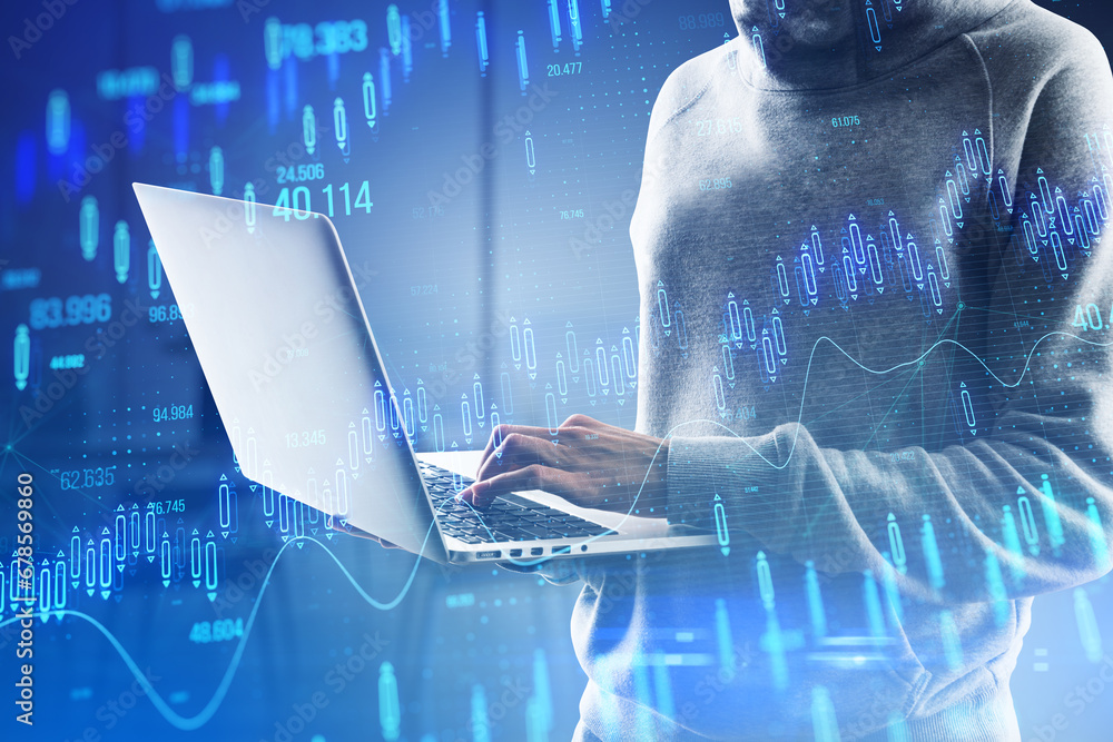 Poster hacker hands using laptop with glowing candlestick forex chart on blurry office interior background.