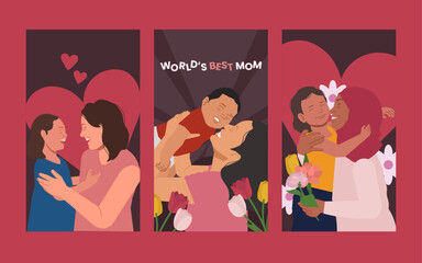 mothers day greetings mother hugs kids social media story in flat illustration