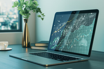 Close up of office workplace with laptop with glowing candlestick forex chart on screen, coffee cup and other items. Stock market, trading analysis and investment concept. 3D Rendering.
