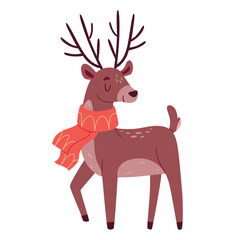 Cute deer in a red scarf. Christmas character. Rudolph. Hand drawn style
