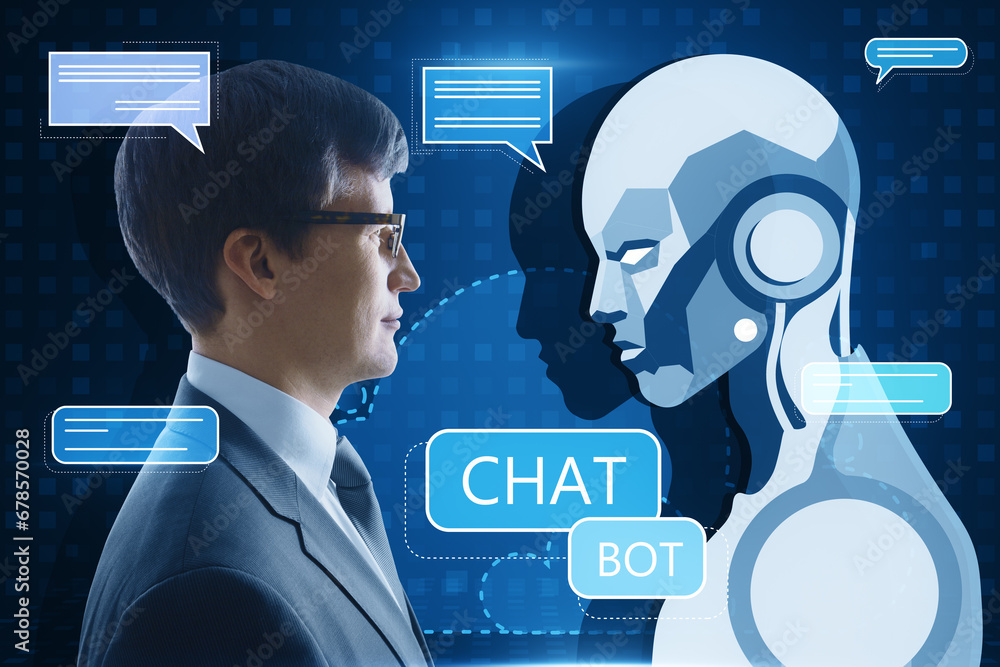 Aufkleber Side portrait of thoughtful businessman with creative glowing robot and chat ai hologram on blue pixels background. Machine learning, artificial intelligence and innovation concept.