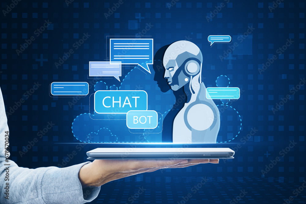 Poster close up of female hand holding tablet with creative glowing robot and chat ai hologram on blue pixe