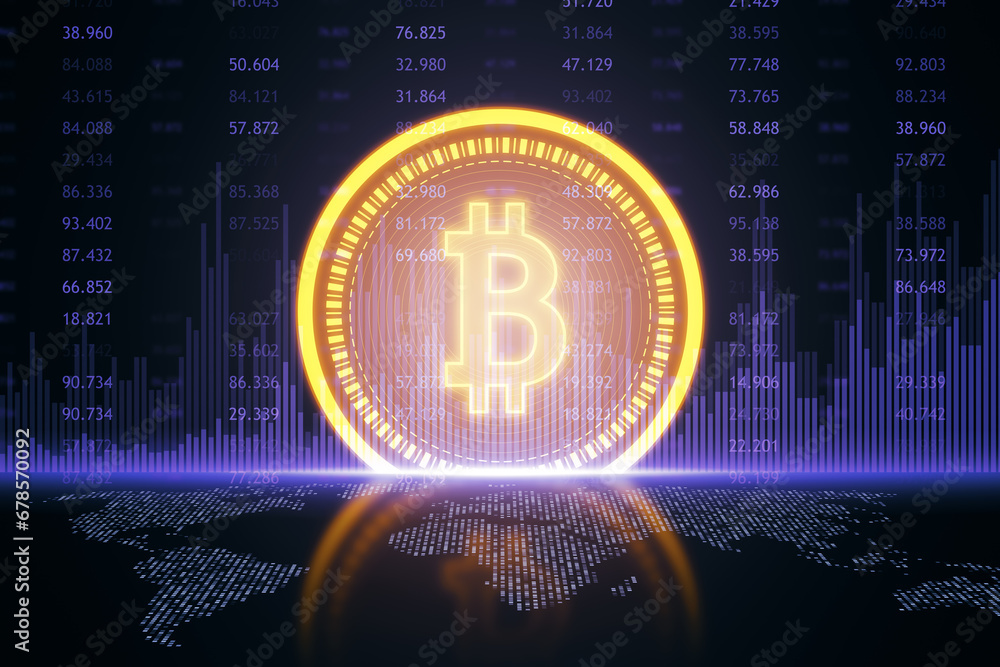 Poster golden bitcoin symbol on blue background with world map, 3d rendering
