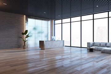 New office lobby interior with reception desk, wooden flooring and panoramic window with city view. 3D Rendering.
